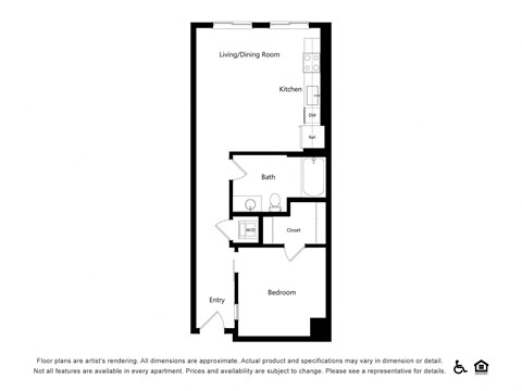 Floor plan for 1 bed, 1 bath, 674 sqft